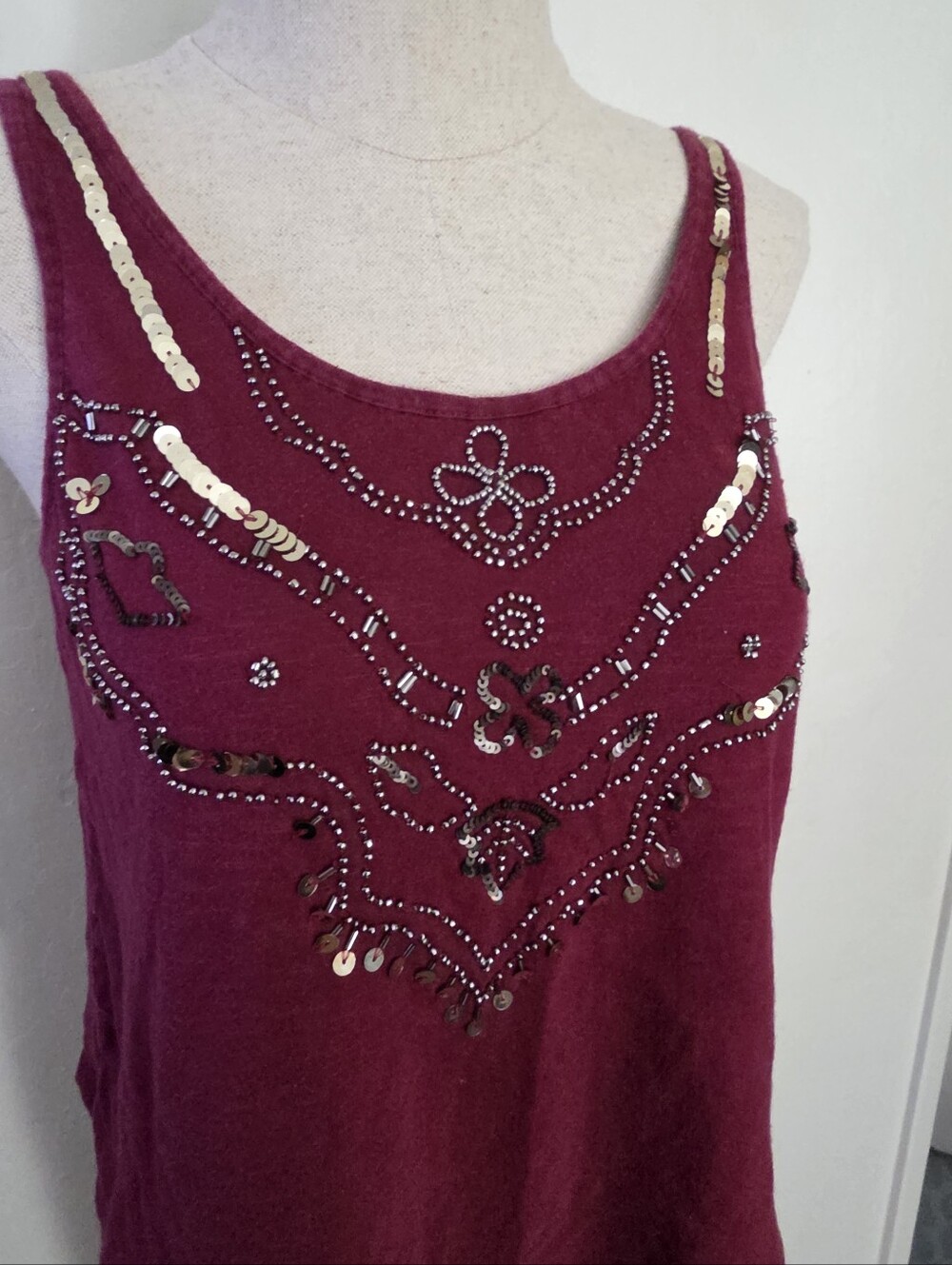Express Cotton Burgundy Scoopneck Beaded Swing Tank Top